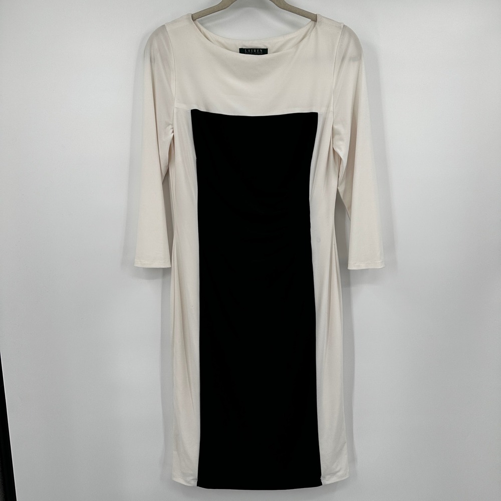 Lauren‎ Ralph Lauren Colorblock Ruched Sheath Dress Cream Black Size 10